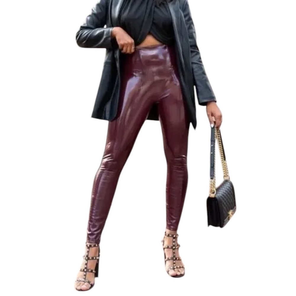 Spanx Burgundy Red Faux Leather High Waist Leggings Size Smalll - Picture 2 of 9